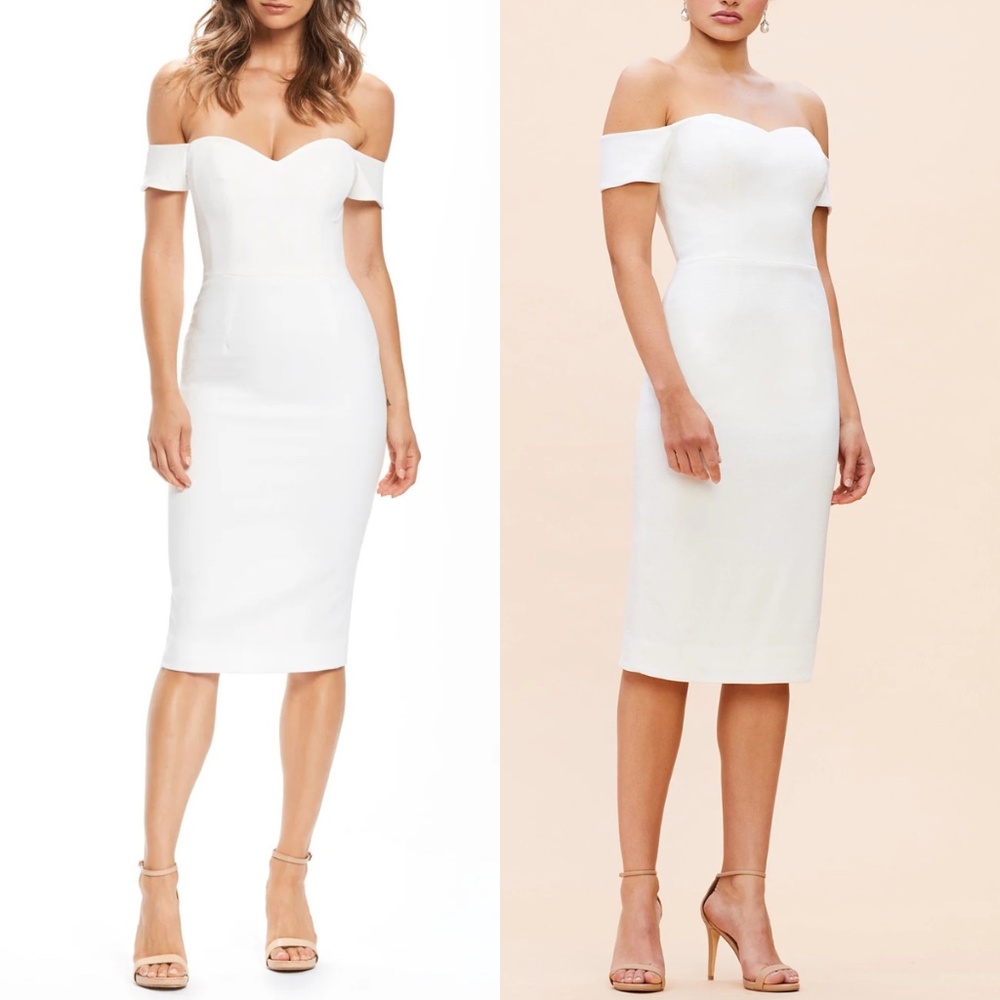 Dress the Population White Off-Shoulder Midi Dress